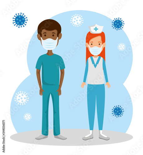 male paramedic and nurse using face mask with particles covid 19 vector illustration design