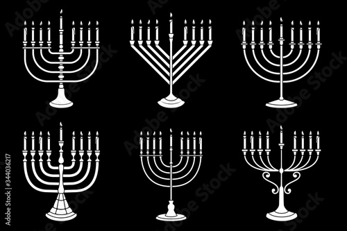 Set of Illustrations of Hanukkah candle in engraving style isolated on white background. Design element for poster, card, banner, sign, emblem. Vector image
