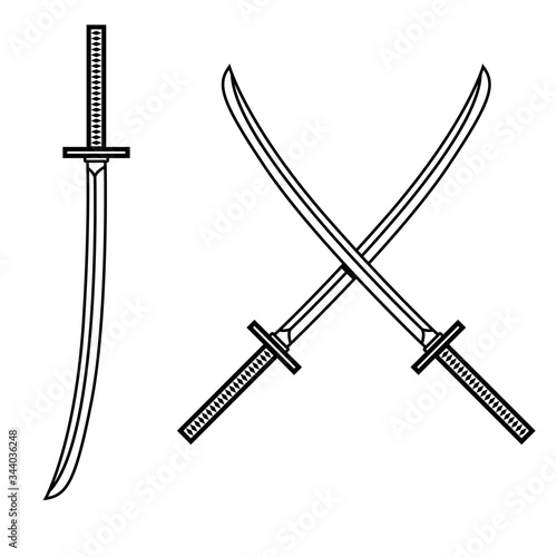 Illustration of crossed japanese katana swords in engraving style. Design element for logo, label, emblem, sign. Vector illustration