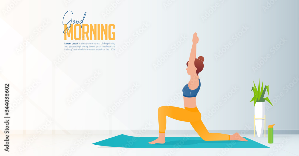 Stay at home and do yoga at home concept banner. Woman sitting at their home or room and practicing yoga. Working from home with self quarantine. Living room interior with sun light on wall. Vector.