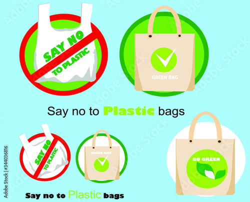 Pollution problem concept. Say no to plastic bags, bring your own textile bag. Cartoon styled images with signage calling for stop using disposable polythene package. Vector illustration.