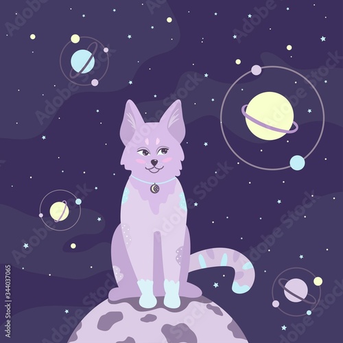 Cute cat in space. Vector illustration with cosmic background.