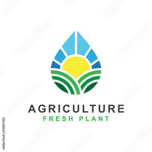 agriculture farm with sun and fresh water drop logo concept vector template