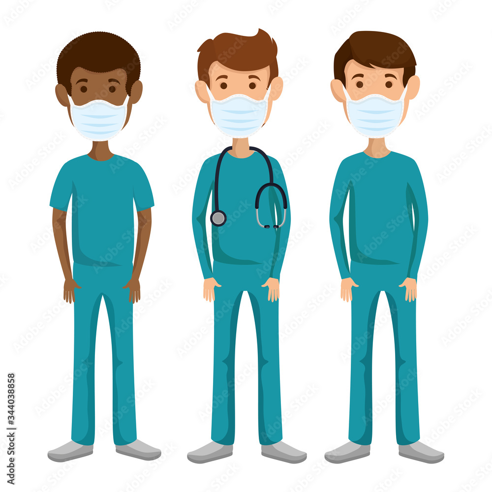 group men paramedics using face mask isolated icons vector illustration design