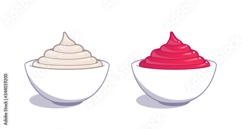 Sauce dip in bowls. Ketchup and mayonnaise in cartoon style. Vector illustration.