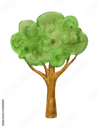  Green, cartoon, forest tree, watercolor on a white background. Garden plants. Children's illustration with paints.