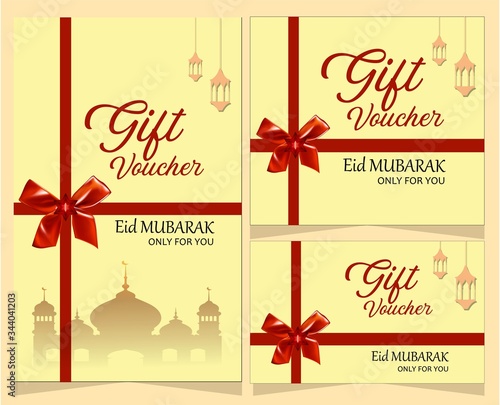 Set of Eid Mubarak gift coupon or gift voucher design. Design usable for gift coupon, voucher, invitation, certificate, diploma, ticket etc. Corrugated background. Vector. 