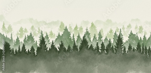Hand drawn watercolor painting of christmas tree forest landscape. Wide copy space background © Boutique canvas