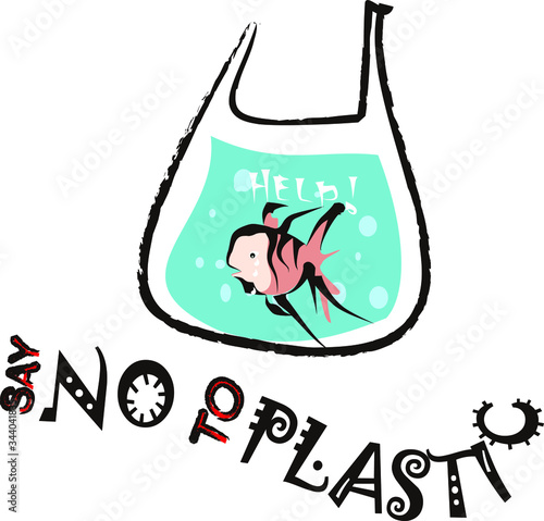 Pollution problem concept. Say no to plastic bags, bring your own textile bag. Cartoon styled images with signage calling for stop using disposable polythene package. Vector illustration.