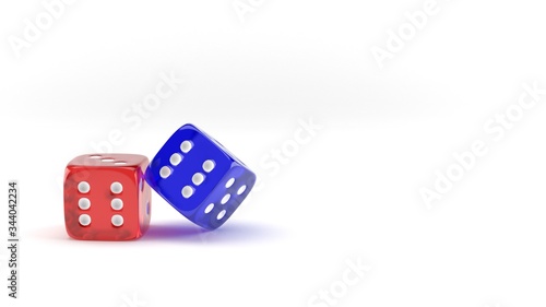 Red and blue dice on white background. 3D illustration. photo