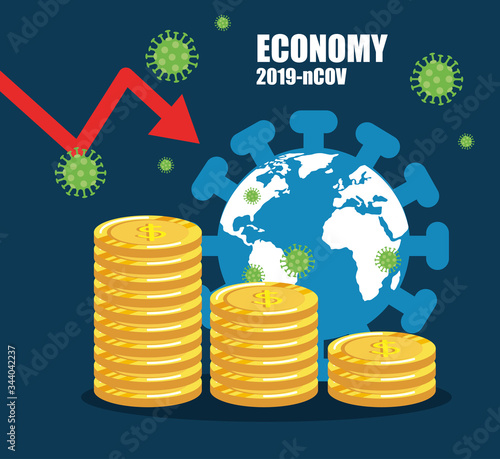 economy impact by 2019 ncov with world planet and icons vector illustration design