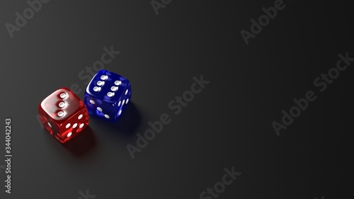 Red and blue dice on black background. 3D illustration. photo
