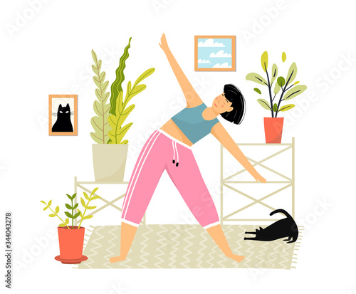 Brunette woman at home doing sports exercises or yoga with cute black cat near houseplants, pictures on walls and mat or rug on floor. Cozy house interior on white background, vector illustration.