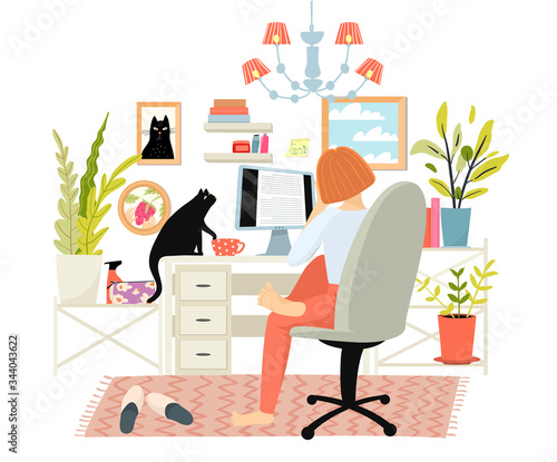 Young woman working at home on computer or study, detailed room interior with black cat sitting on table. Everyday routine job on internet or scrolling pages. Vector picture on white background.