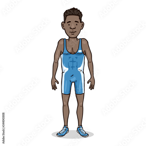 Vector Cartoon Young African Man in Blue Wrestling Equipment
