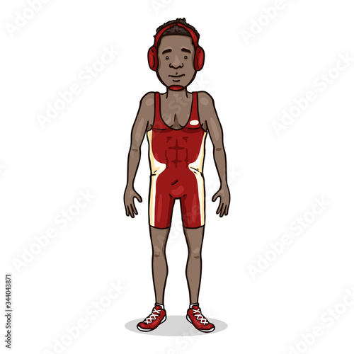 Vector Cartoon Young African Man in Red Wrestling Equipment