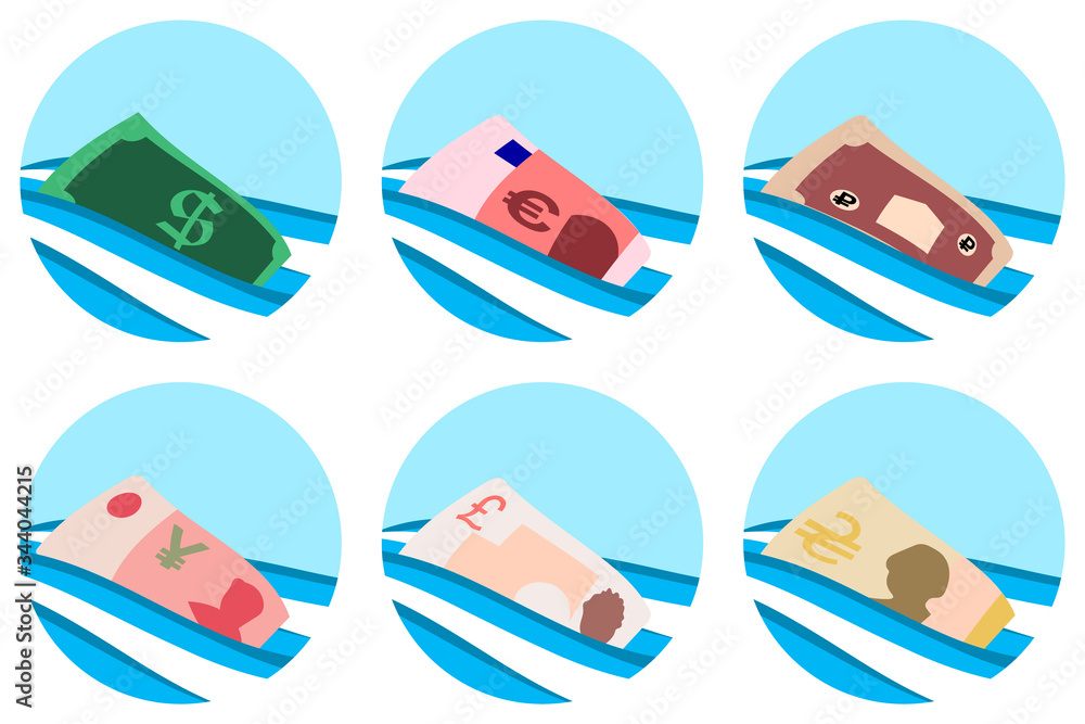 World currency. Banknotes are sinking in the ocean. Money floats on the waves. World currency. Banknotes are sinking in the ocean. Money floats on the waves.