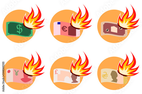 World currency. Banknotes on fire. Money is burning. Dollar, Euro, ruble, pound sterling, yen.