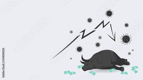 World economic crisis by corona virus illustration, a weak bull lie down on the floor by COVID-19 disease makes everything in downturn