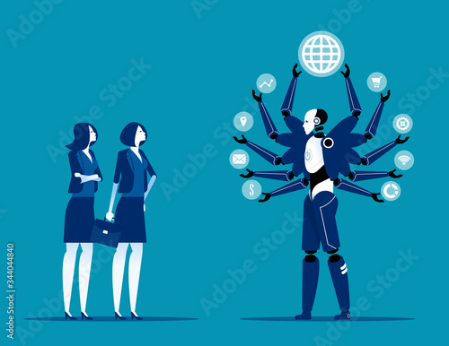 Robot taking over human jobs in future. Replace humans working concept. Flat cartoon vector illustration style