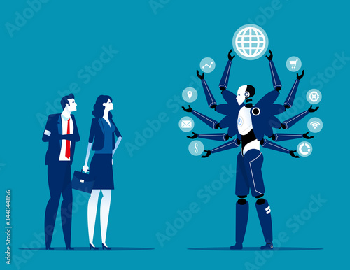 Robot taking over human jobs in future. Replace humans working concept. Flat cartoon vector illustration style