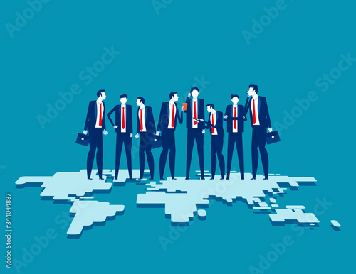Business team standing on top of. Globalization connection concept. Flat cartoon vector illustration design.