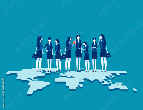 Business team standing on top of. Globalization connection concept. Flat cartoon vector illustration design.