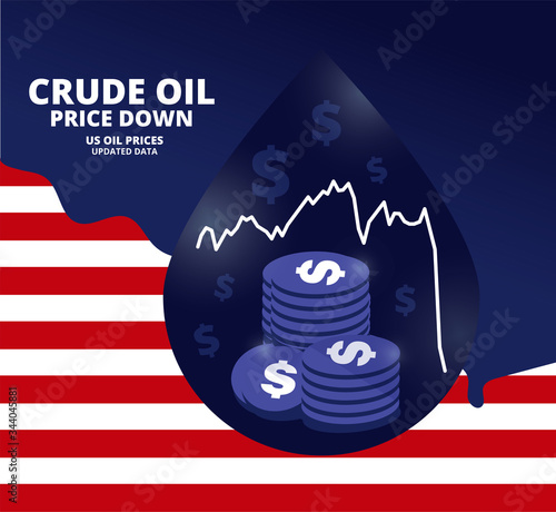 Illustration vector graphic of oil price falling down graph and american dollar with United States map background. White arrow shows crude oil prices down trend. USA oil industry concept. Flat style.