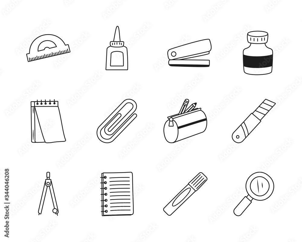 glue bottle and Stationary icon set, line style glue bottle and Stationary icon set, line style