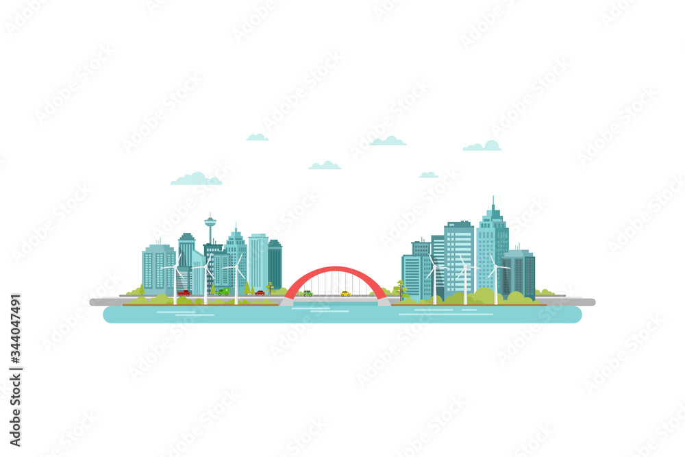 bridge in the middle of the city smart modern city concept flat design