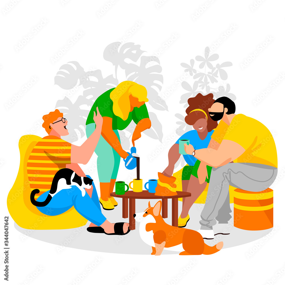 Naklejka premium people communicate. friends. people are celebrating. tableful. vector image of people and Pets. family