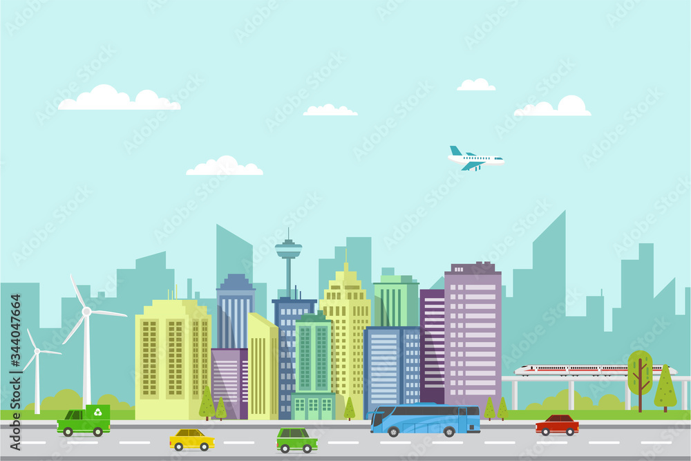 smart city in the future smart transportation skyscrapers and eco energy illustration design