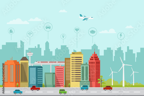 modern smart city flat design with wind energy and info graphics