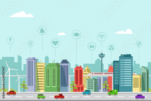 Flat design of smart city buildings in a modern future with graphic info elements