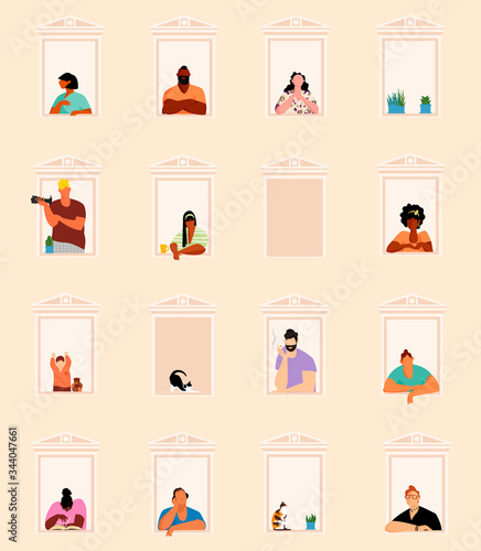 people in the Windows. people of different races. neighbors. stay at home. people and animals