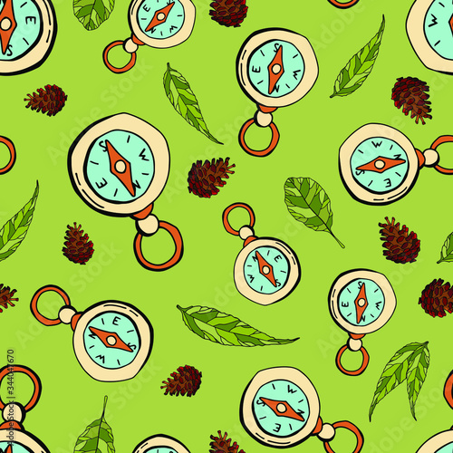 Seamless pattern of compass, cones and leaves. Cartoon style. Stock illustration. Design for wallpaper, fabric, textile, packaging, website.