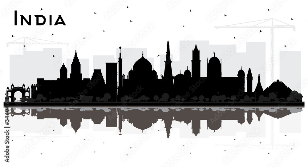 India City Skyline Silhouette with Black Buildings and Reflections Isolated on White.