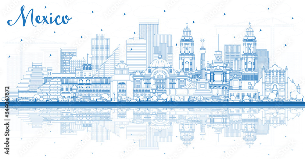 Outline Mexico City Skyline with Blue Buildings and Reflections.