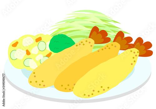 エビフライとポテトサラダの付け合わせのイラスト