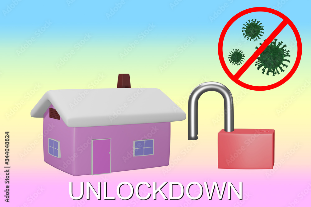 3d illustration. Unlock key, Pink house, Unlockdown message and coronavirus or COVID-19 is crossed out with red stop sign.The concept is Unlockdown after disease-free. 3d illustration. Unlock key, Pink house, Unlockdown message and coronavirus or COVID-19 is crossed out with red stop sign.The concept is Unlockdown after disease-free.