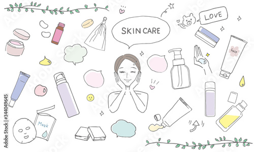 スキンケアアイテムとスキンケアをする女性のイラストセット