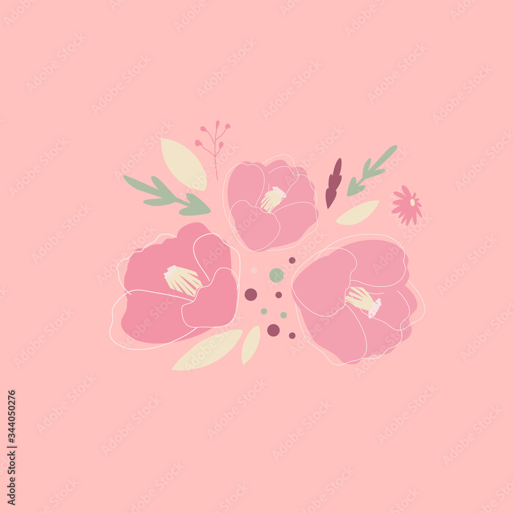 Bouquet of Japanese Camellia flowers. Asian flowers and branches are drawn on an isolated pink background in a doodle style. Decorative element of vector design. Cute cartoon illustration. Bouquet of Japanese Camellia flowers. Asian flowers and branches are drawn on an isolated pink background in a doodle style. Decorative element of vector design. Cute cartoon illustration.
