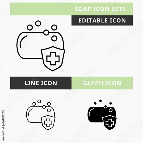 Soap icons set vector design, modern editable line and  glyph icon, black color and isolated for icon presentation, website and banner