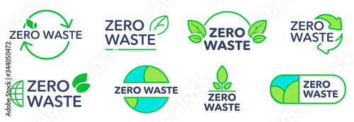 Zero waste eco friendly logos set. Green elements, signs and emblems with leaves, plants and recycling arrows. Vector illustration for environment protection, plastic reduce, ecology concept