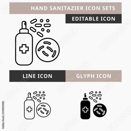 Hand Sanitizer icons set vector design, modern editable line and  glyph icon, black color and isolated for icon presentation, website and banner