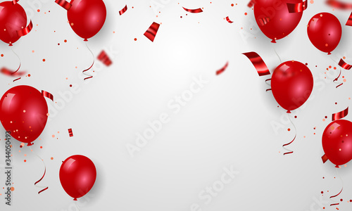 Red balloons, confetti concept design National sovereignty and children s day turkey greeting background. Celebration Vector illustration.