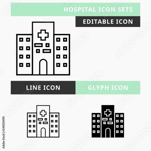 Hospital icons set vector design, modern editable line and  glyph icon, black color and isolated for icon presentation, website and banner
