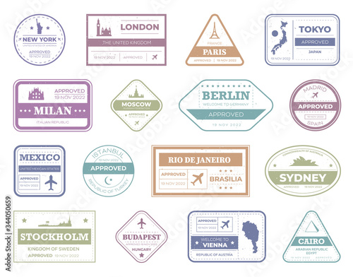 Passport travel stamps set. Visa stamp, arrival signs. Vector illustration for vacation, custom, security, approver identity concept