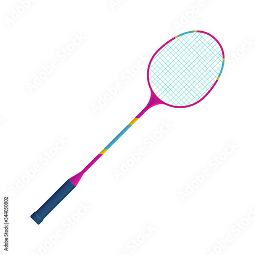 Sports equipment for badminton game. Bright realistic badminton racket vector illustration. Outdoors sports game, family leisure and relaxation. Colorful racket isolated on white background.
