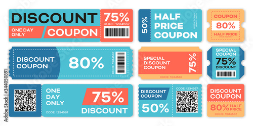Special offers promo vouchers templates set. Colorful coupons with text and percentage discount. Vector illustration for sale, retail, half price concept
